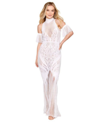 Robe bodystocking en résille et dentelle blanche 